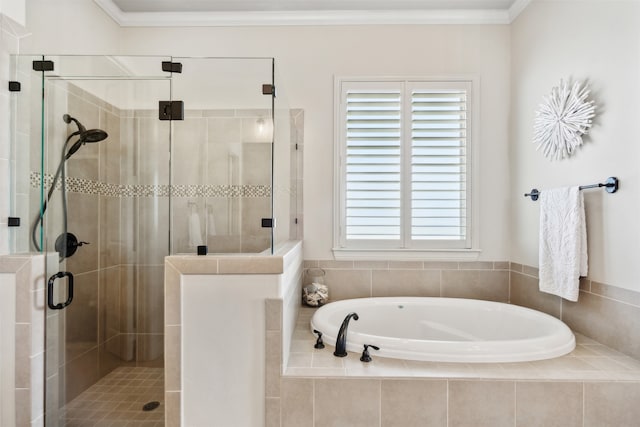 bathroom with separate shower and tub and crown molding