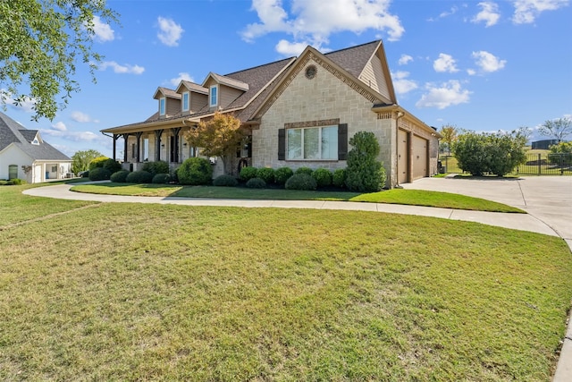 view of front of house featuring a front lawn, covered porch, and a garage