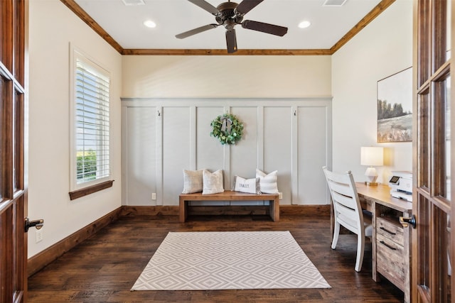 office space featuring dark hardwood / wood-style flooring, a wealth of natural light, crown molding, and ceiling fan