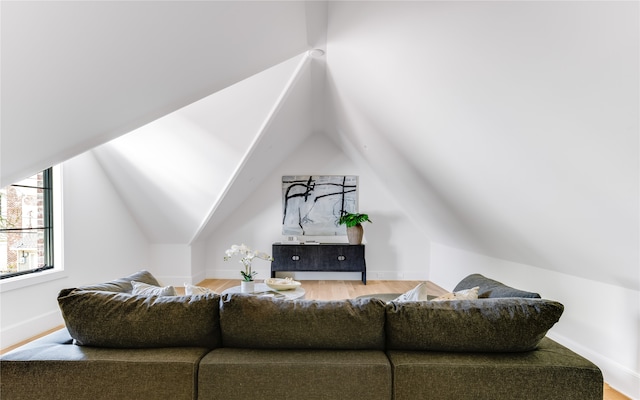 living room featuring hardwood / wood-style floors and lofted ceiling