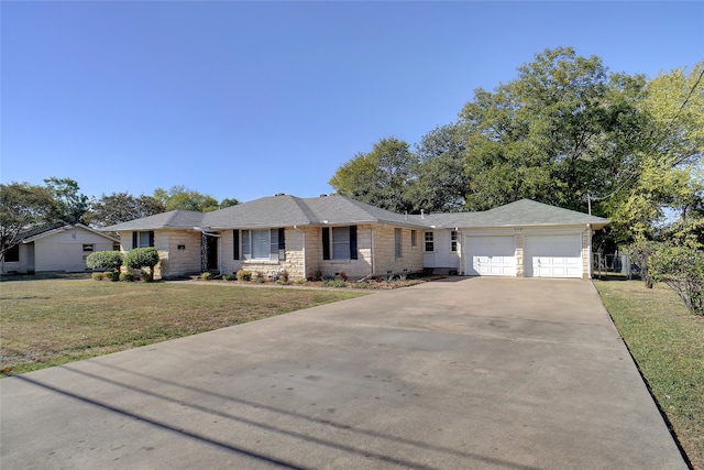 ranch-style house with a front yard and a garage