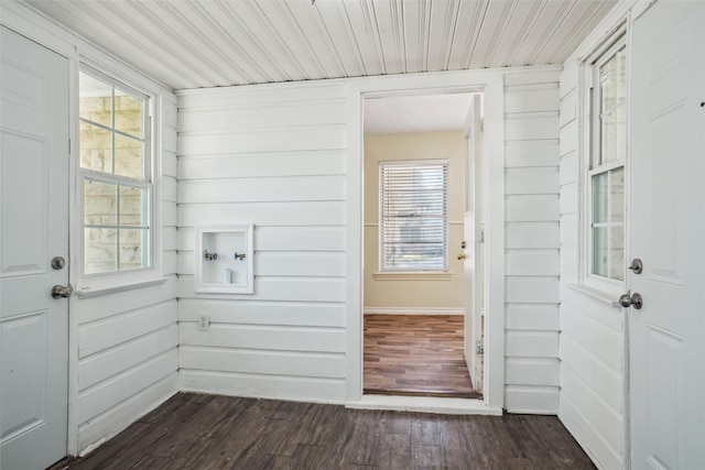 doorway to outside featuring dark wood-type flooring and wood walls