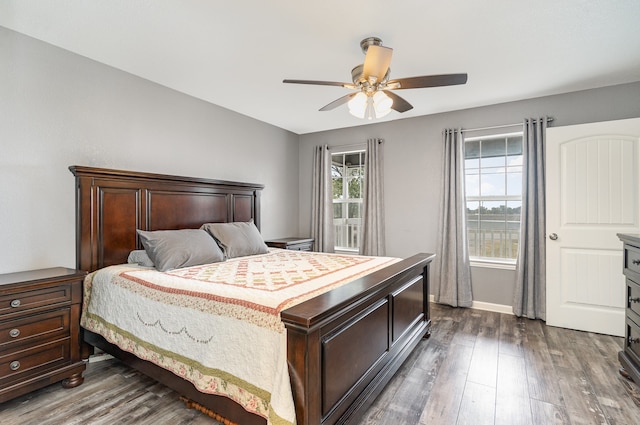 bedroom featuring multiple windows, baseboards, and dark wood-style flooring