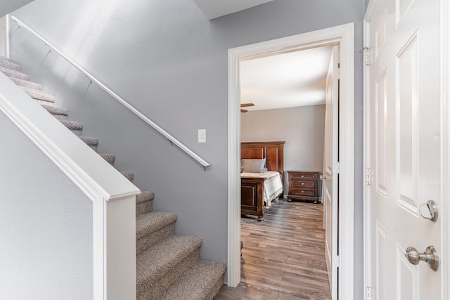 stairway featuring wood finished floors