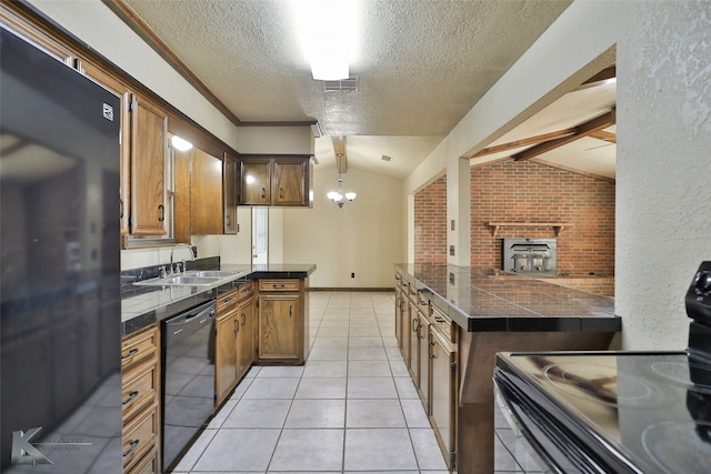 kitchen featuring kitchen peninsula, lofted ceiling with beams, black appliances, and pendant lighting