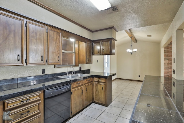 kitchen with black dishwasher, sink, lofted ceiling with beams, and a textured ceiling