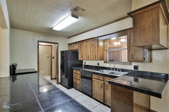 kitchen with black appliances, sink, light tile patterned flooring, a textured ceiling, and crown molding