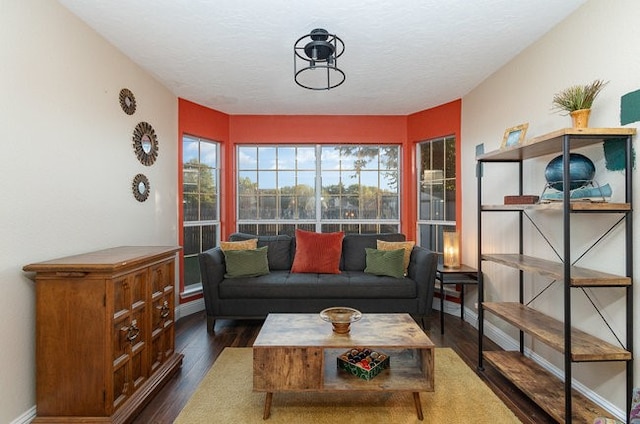 living room with dark hardwood / wood-style floors