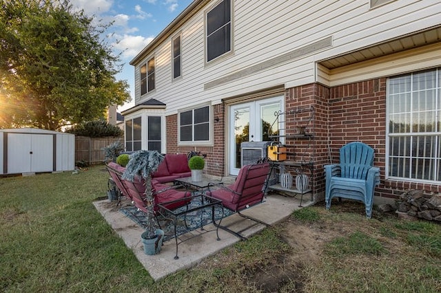 view of patio / terrace featuring a storage shed