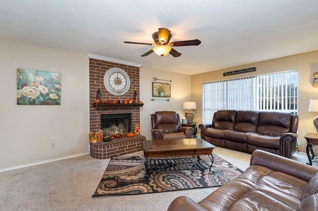 carpeted living room with ceiling fan and a brick fireplace