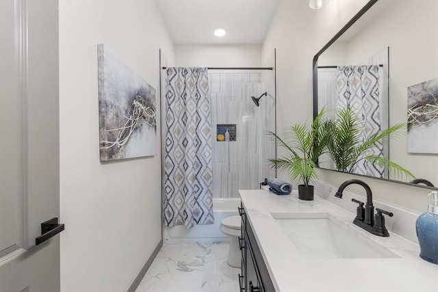 1561 Dixie Estates Way, Whitesboro, TX 76273 - full bath featuring vanity, shower / tub combo, marble look tile flooring, toilet, and recessed lighting