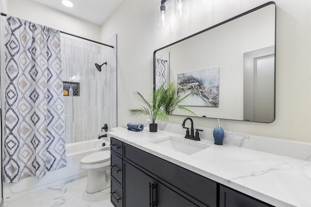 1561 Dixie Estates Way, Whitesboro, TX 76273 - full bathroom featuring vanity, shower / tub combo, toilet, and marble look tile flooring