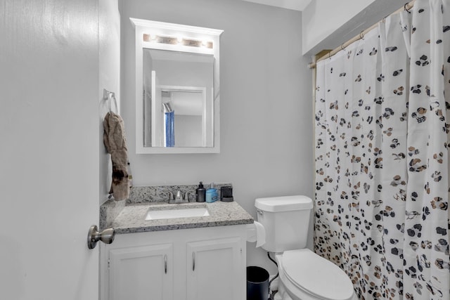 bathroom with vanity, toilet, and a shower with shower curtain