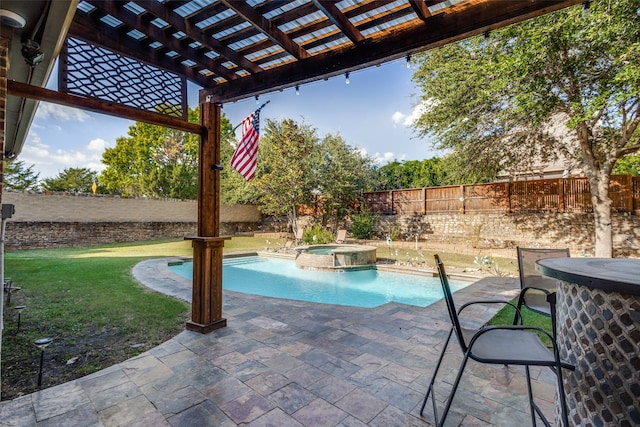 view of pool with an in ground hot tub, a patio, a lawn, and a pergola