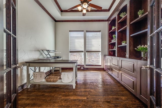 office with french doors, ceiling fan, ornamental molding, and dark hardwood / wood-style flooring