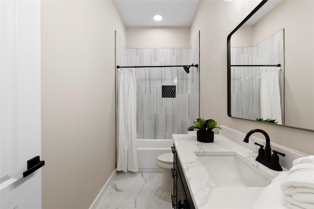 1230 Dixie Estates Way, Whitesboro, TX 76273 - full bathroom featuring vanity, marble look tile flooring, shower / tub combo with curtain, toilet, and baseboards