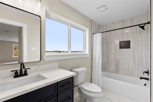 1230 Dixie Estates Way, Whitesboro, TX 76273 - full bathroom with vanity, toilet, shower / bath combo with shower curtain, marble look tile flooring, and healthy amount of natural light
