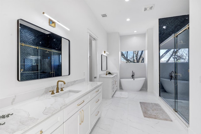 bathroom featuring vanity and plus walk in shower