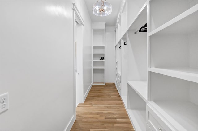 walk in closet with light hardwood / wood-style flooring