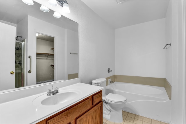 full bathroom with vanity, plus walk in shower, and toilet