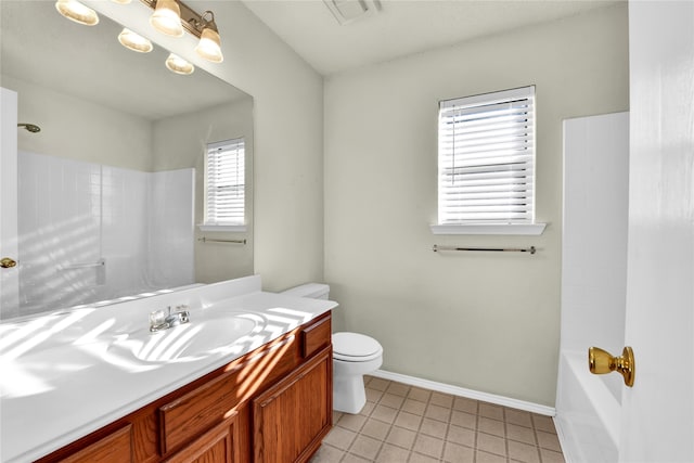 full bathroom with bathtub / shower combination, vanity, toilet, and tile patterned floors