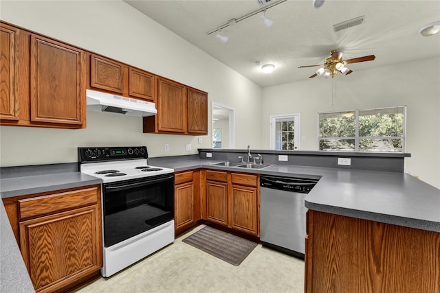 kitchen with sink, dishwasher, electric range, and kitchen peninsula