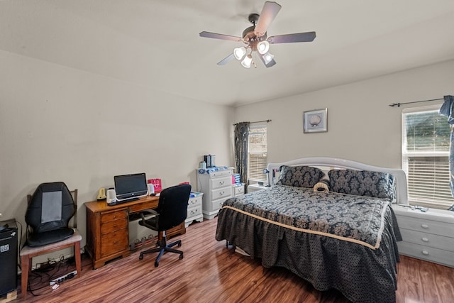 bedroom featuring ceiling fan, multiple windows, and hardwood / wood-style flooring