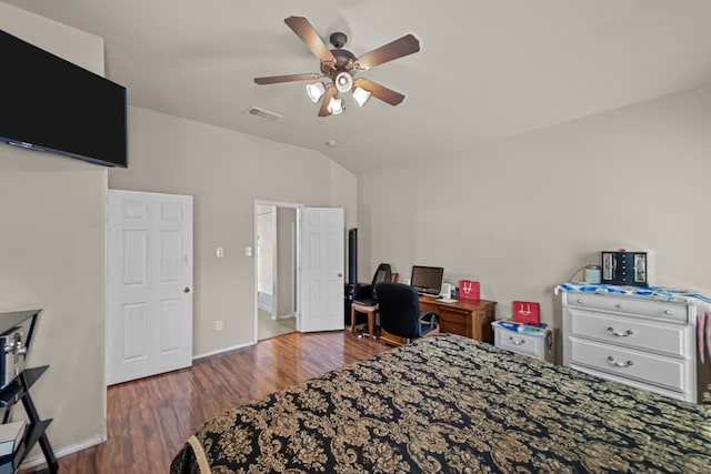 bedroom with lofted ceiling, ceiling fan, and dark hardwood / wood-style flooring