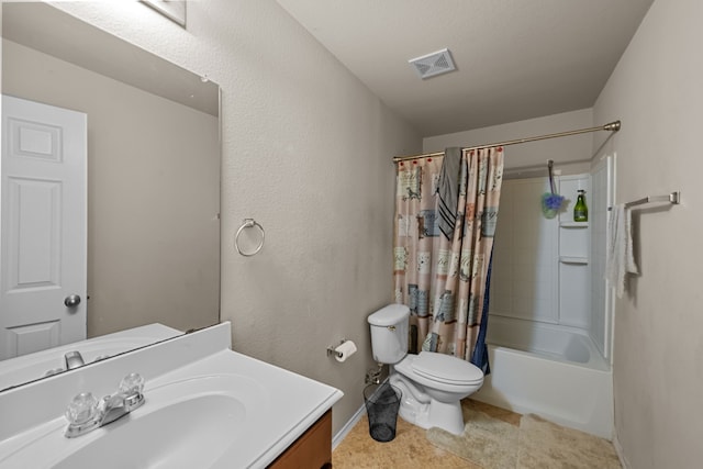 full bathroom with vanity, tile patterned flooring, toilet, and shower / bathtub combination with curtain