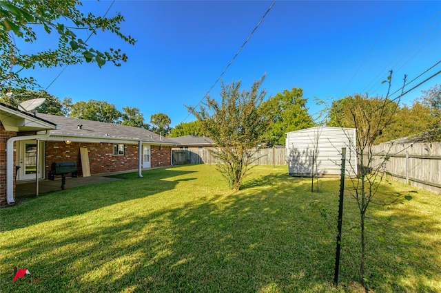 view of yard with a patio and a storage unit