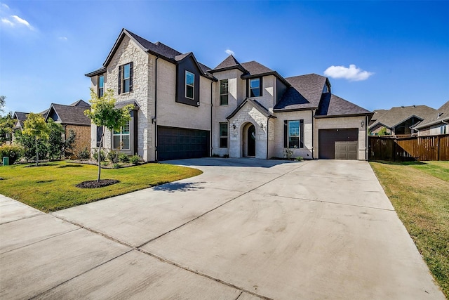 view of front of property featuring a front lawn and a garage