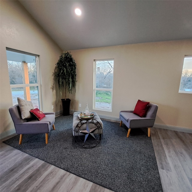 living room featuring lofted ceiling and hardwood / wood-style flooring