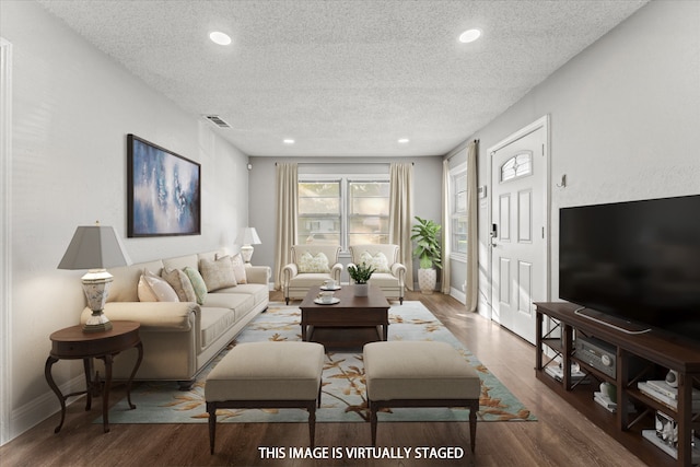 living room featuring a textured ceiling and hardwood / wood-style flooring