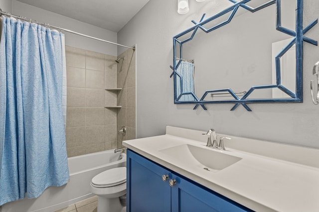 full bathroom featuring vanity, toilet, tile patterned floors, and shower / bathtub combination with curtain