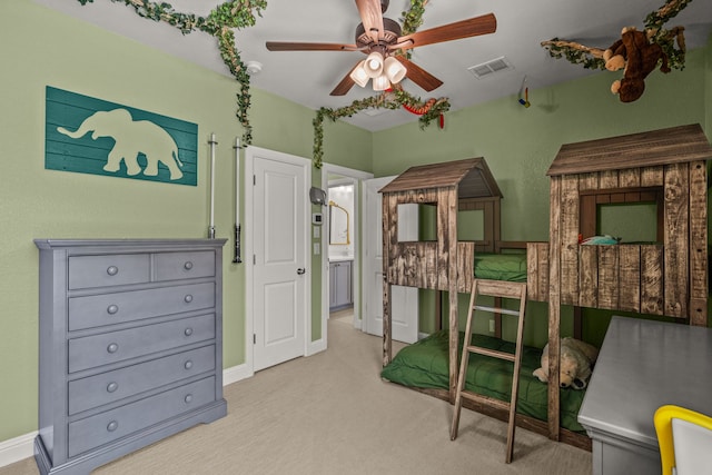 bedroom featuring ceiling fan and light colored carpet