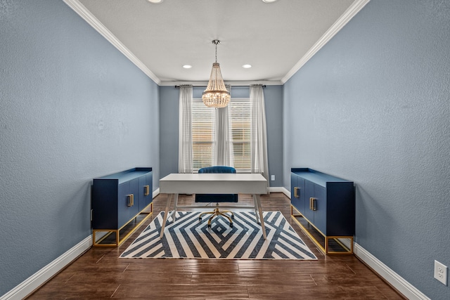 interior space with crown molding, a notable chandelier, and dark hardwood / wood-style flooring