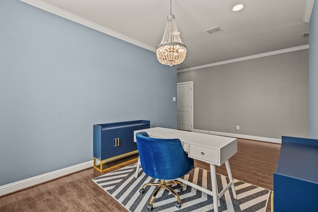 home office featuring crown molding, dark hardwood / wood-style floors, and a notable chandelier