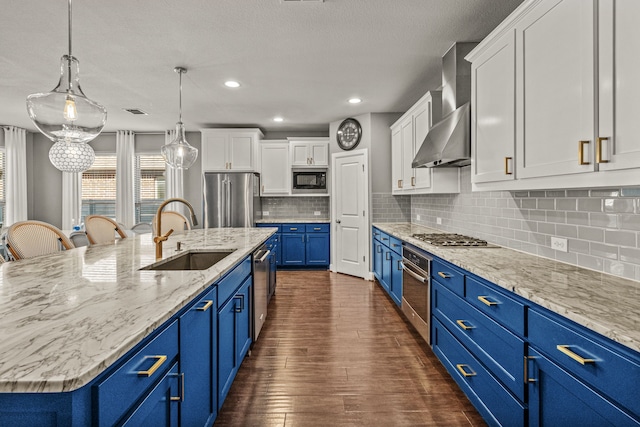 kitchen featuring a spacious island, stainless steel appliances, sink, blue cabinetry, and dark hardwood / wood-style flooring