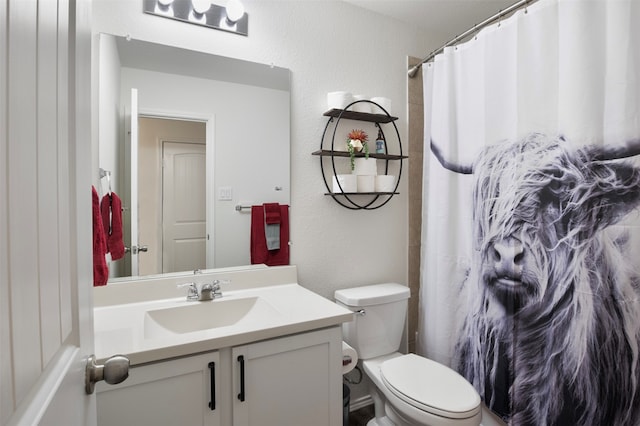 bathroom featuring toilet, vanity, and a shower with shower curtain