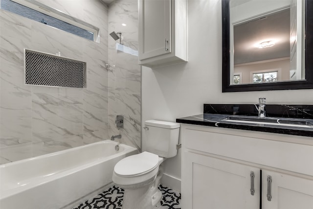 full bathroom with vanity, toilet, tiled shower / bath combo, and tile patterned flooring