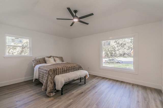 bedroom with a raised ceiling, ceiling fan, light hardwood / wood-style flooring, and multiple windows