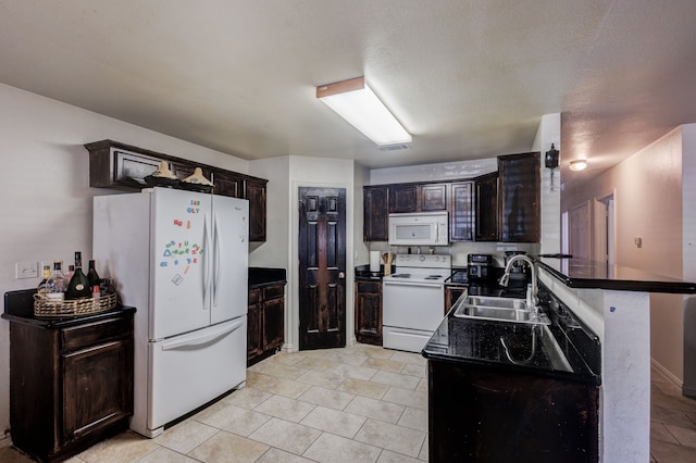 kitchen with kitchen peninsula, a textured ceiling, dark brown cabinetry, sink, and white appliances