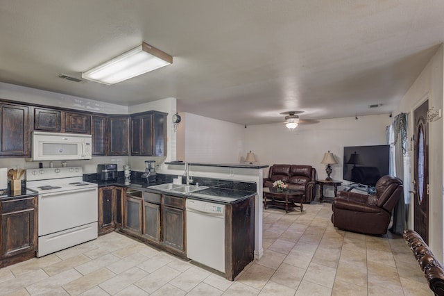 kitchen with kitchen peninsula, sink, dark brown cabinetry, white appliances, and ceiling fan