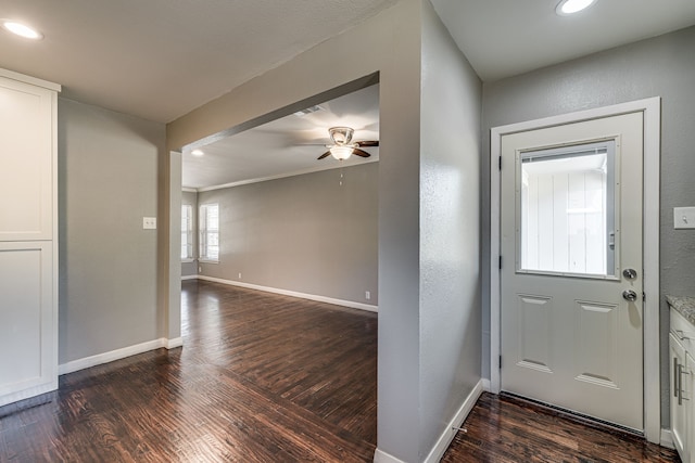 entryway with ceiling fan and dark hardwood / wood-style flooring