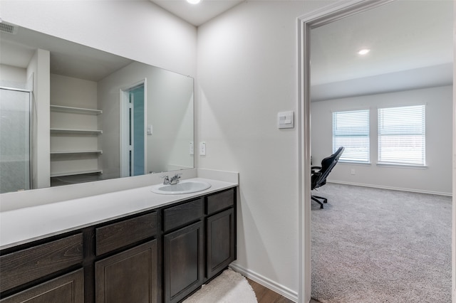 bathroom featuring vanity and walk in shower