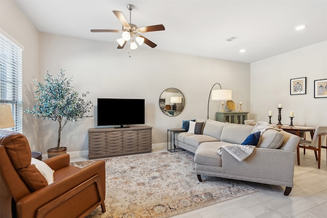 living room with ceiling fan