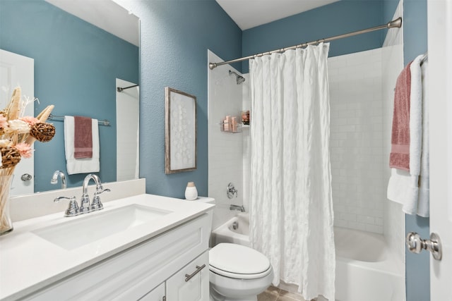 full bathroom featuring vanity, toilet, and shower / bathtub combination with curtain