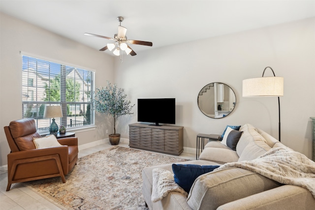 living room with ceiling fan