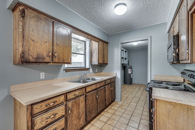 kitchen featuring a textured ceiling, sink, water heater, light tile patterned floors, and electric stove