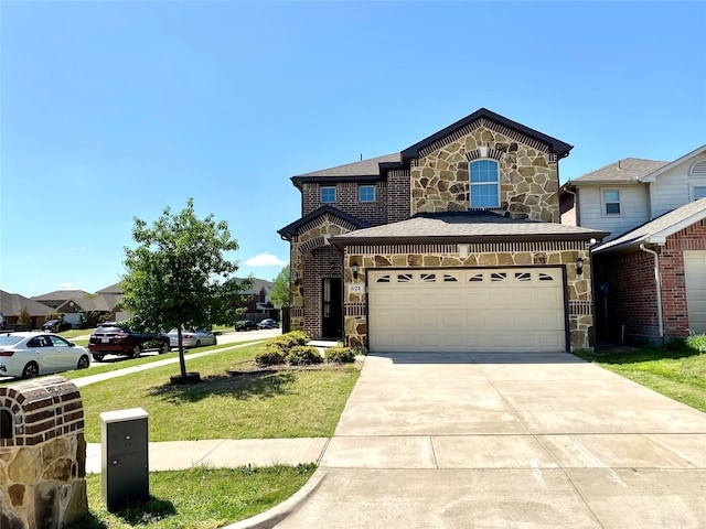 view of front of house with a front yard and a garage